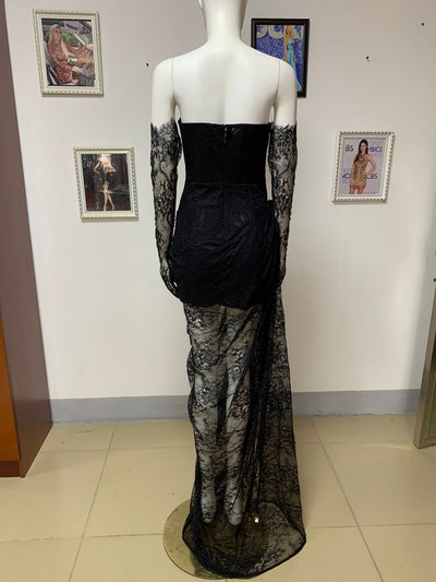 Vestido Largo Strapless con Encaje, Cuentas Brillantes y Abertura Sensual - Image 12