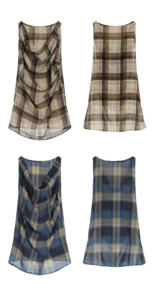 Blusa Tirantes Cuadros Vintage con Pliegues y Cuello Envolvente - Image 10