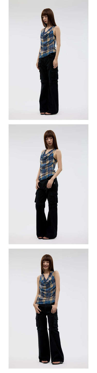 Blusa Tirantes Cuadros Vintage con Pliegues y Cuello Envolvente - Image 18