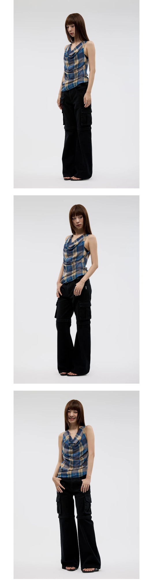 Blusa Tirantes Cuadros Vintage con Pliegues y Cuello Envolvente - Image 18