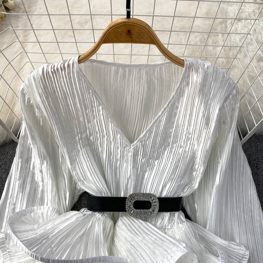 Blusa Suelta con Cuello V, Mangas Largas y Volantes en Bajo - Image 35