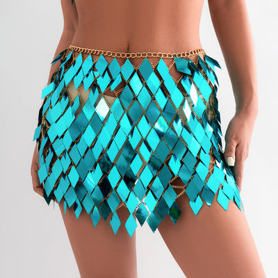 Woman wearing a gold-tone body chain top with iridescent pink and orange diamond-shaped sequins, perfect for beach or festival. - Image 79