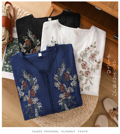 Blusa Suelta de Algodón y Lino con Escote V y Manga Corta para Mujer - Image 12