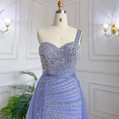 Vestido Fishtail Azul con Hombros Descubiertos y Cuentas Artesanales - Image 16