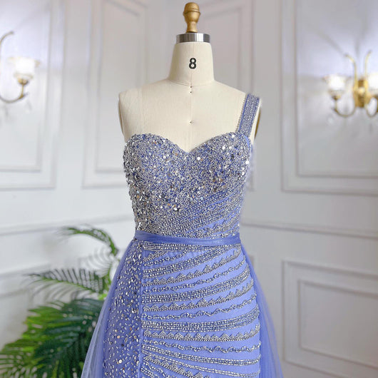Vestido Fishtail Azul con Hombros Descubiertos y Cuentas Artesanales - Image 16