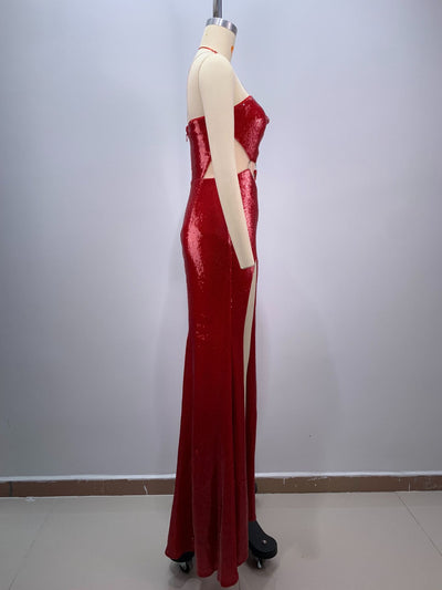 Vestido Rojo con Lentejuelas, Hombro Inclinado y Corte Midriff - Image 19