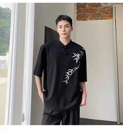 Camisa de Manga Corta con Bordado de Hojas de Bambú para Hombre - Image 13