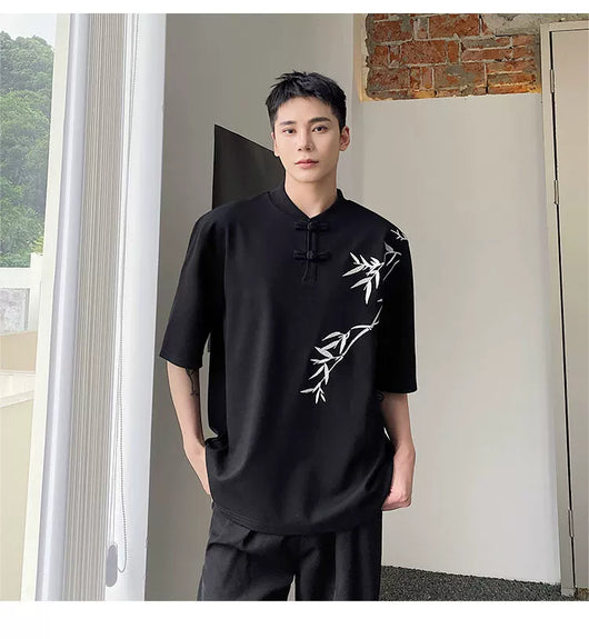 Camisa de Manga Corta con Bordado de Hojas de Bambú para Hombre - Image 13