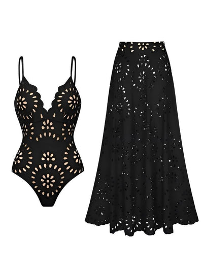 Navy blue women's one-piece swimsuit and matching midi skirt set with laser-cut floral patterns and scalloped edges. - Image 9