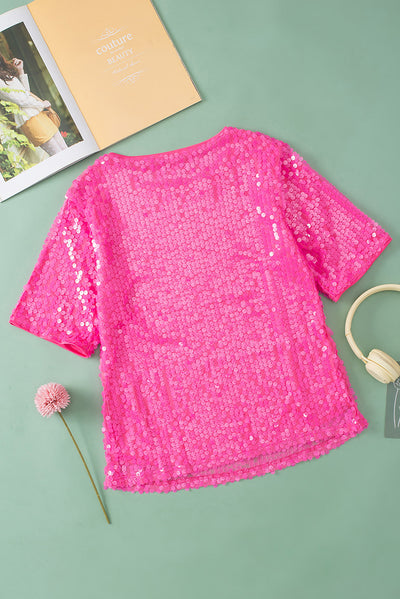 Blusa Brillante con Lentejuelas Cuello Redondo Manga Corta - Image 10