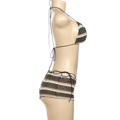 Women's fashion sexy halter lace-up striped bikini three-piece suit with brown, black, and white stripes. - Image 14