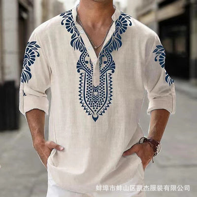 Camisa Casual de Playa con Cuello Mao Manga Larga para Hombre - Image 11