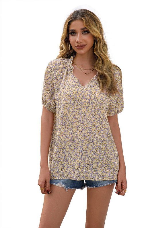 Camisa Suelta Casual con Estampado Floral Pequeño y Cuello en V - Image 25