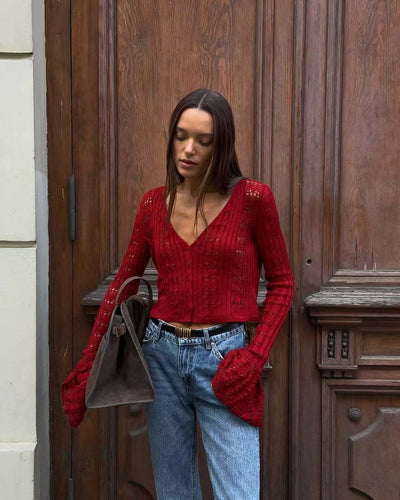 Blusa Corta Tejida con Mangas Acampanadas y Cortes Atrevidos - Image 21