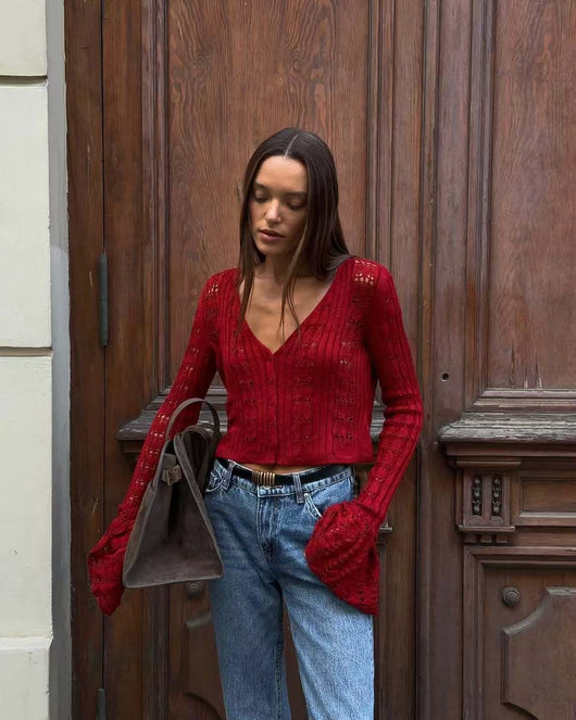 Blusa Corta Tejida con Mangas Acampanadas y Cortes Atrevidos - Image 21