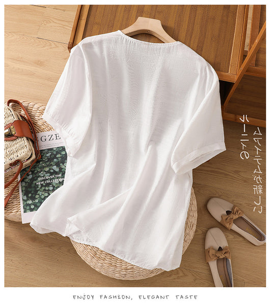 Blusa Suelta de Algodón y Lino con Escote V y Manga Corta para Mujer - Image 58