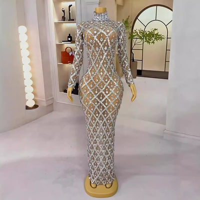 Vestido Largo de Malla Transparente con Cristales Brillantes - Image 12