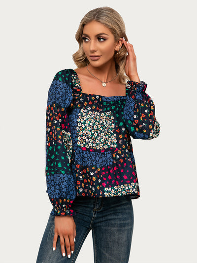 Blusa Casual con Cuello Cuadrado, Mangas Volantes y Flores Pequeñas - Image 15