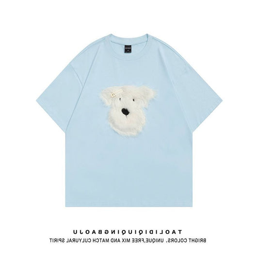 Black short sleeve t-shirt with a fluffy white puppy face embroidery, featuring a small gold barrette on its ear. - Image 10