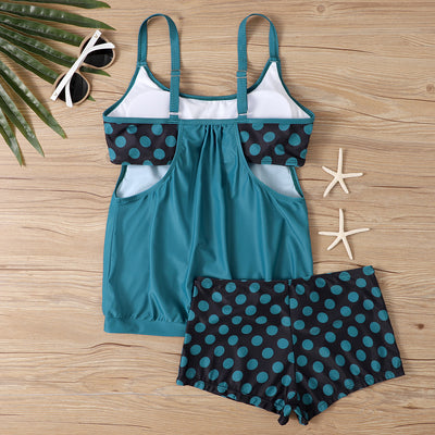 Women's two-piece swimsuit with a turquoise tankini top and black boxer bottoms with turquoise polka dots. - Image 26