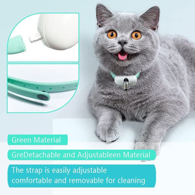 Smart USB charging laser cat collar in white and teal, with a USB cable, shown with a cat playing with the laser. - Image 9