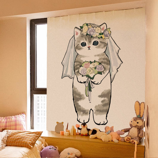 Cute cartoon curtain featuring a grey tabby kitten riding on a brown Shiba Inu puppy, with punch-free Velcro installation. - Image 30