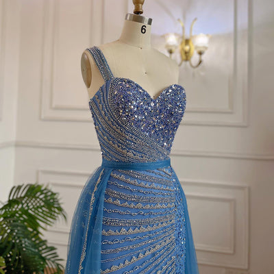 Vestido Fishtail Azul con Hombros Descubiertos y Cuentas Artesanales - Image 44