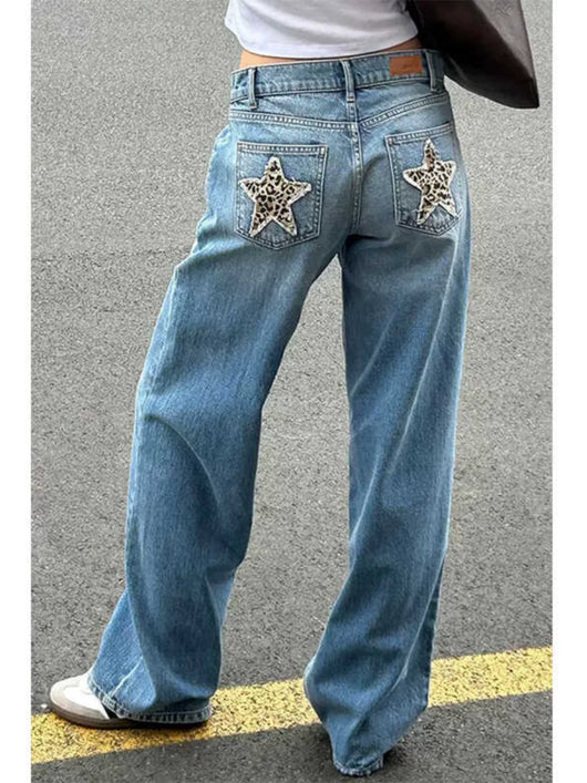 Jeans Vintage Americana con Estampado de Leopardo y Estrellas Bordadas - Image 9