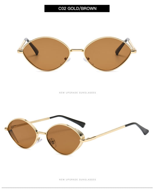 Oval women's sunglasses with dark gray lenses and a gunmetal metal frame, featuring textured temples. - Image 12