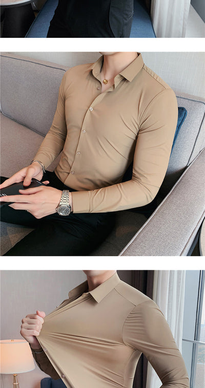Camisa Ejecutiva Coreana Slim Fit de Punto Elástico para Hombre - Image 10