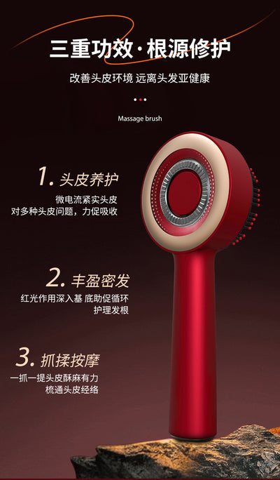 Black electric massage comb with red light therapy, black bristles, and a purple power button on a white background. - Image 29