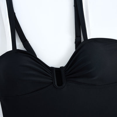 White one-piece women's swimsuit with black side panels and straps, featuring a ruched bust and U-shaped detail. - Image 34