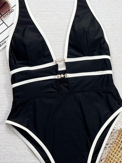 Traje de Baño Enterizo con Tirantes - Diseño Cruzado Negro y Blanco - Image 19