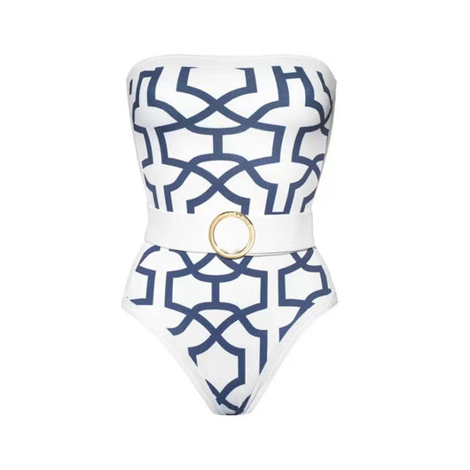 Woman in black and white floral print one-piece swimsuit with matching long-sleeved kimono cover-up and white belt. - Image 38