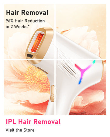White and gold IPL hair removal device with safety glasses and razor, shown with its "Hair Removal" packaging. - Image 7