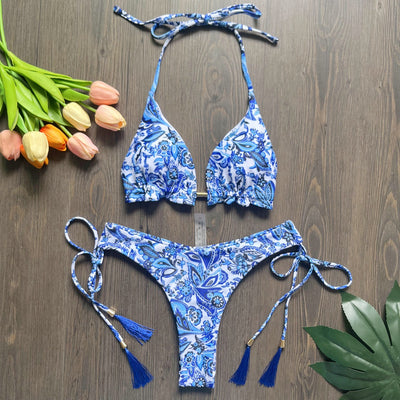 Women's blue and white porcelain print halter bikini with tie-side bottoms and blue tassels. - Image 20
