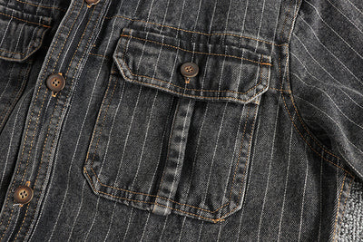 Camisa Denim Retro Británica a Rayas Negras y Grises para Hombre - Image 20