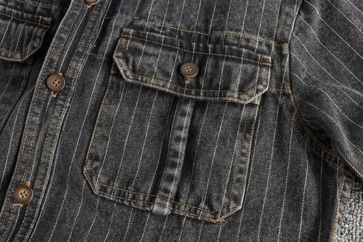 Camisa Denim Retro Británica a Rayas Negras y Grises para Hombre - Image 20