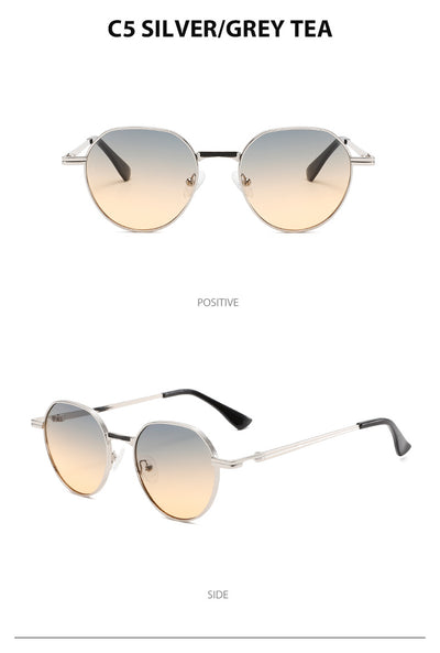 Round metal sunglasses with silver frames and dark gray lenses, featuring black temple tips, on a white background. - Image 32