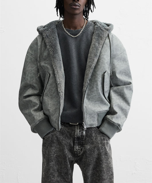 Chaqueta Bomber Reversible con Capucha de Cuero Sintético para Hombre - Image 15