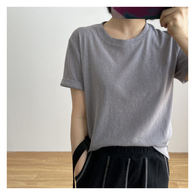 Playera Holgada de Algodón y Lino Manga Corta Cuello Redondo - Image 63