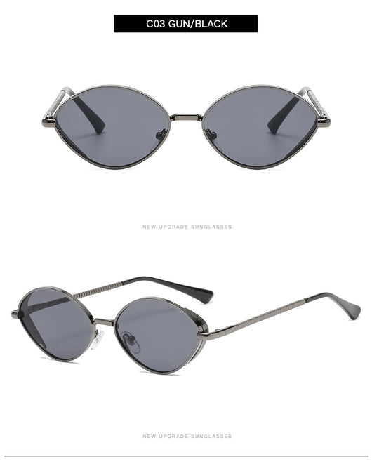 Oval women's sunglasses with dark gray lenses and a gunmetal metal frame, featuring textured temples. - Image 8