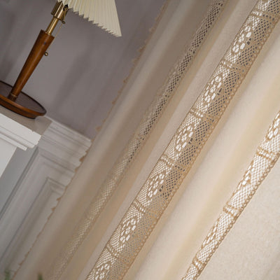 Beige crochet and plaid stitching short curtain with tassels, made from polyester cotton, hanging in a cozy room. - Image 27