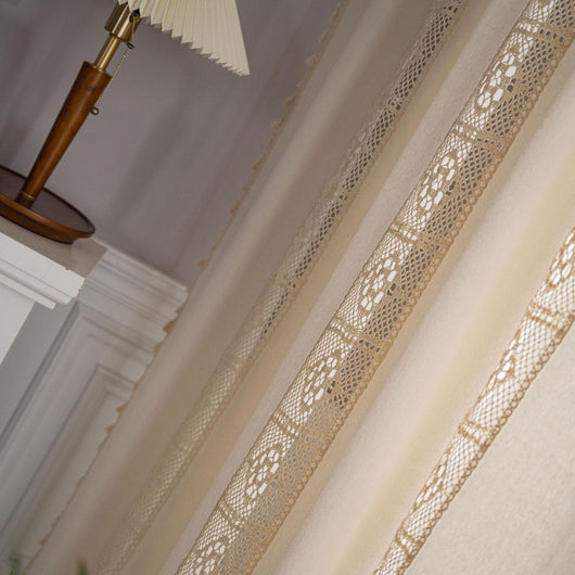 Beige crochet and plaid stitching short curtain with tassels, made from polyester cotton, hanging in a cozy room. - Image 27