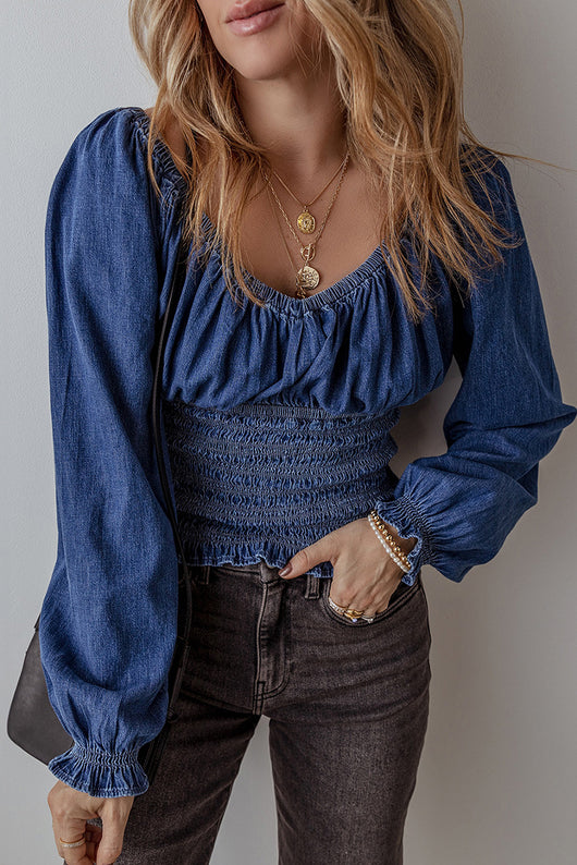 Blusa Denim con Escote en V y Mangas Largas para Mujer - Image 9