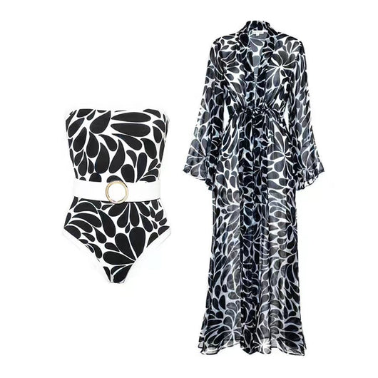 Woman in black and white floral print one-piece swimsuit with matching long-sleeved kimono cover-up and white belt. - Image 42