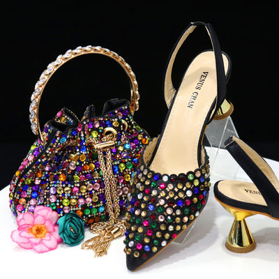 Bolso de Piedra Colorida con Zapatos de Tacón Medio y Punta Afilada para Mujer - Image 9