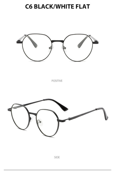 Round metal sunglasses with silver frames and dark gray lenses, featuring black temple tips, on a white background. - Image 24