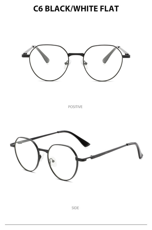 Round metal sunglasses with silver frames and dark gray lenses, featuring black temple tips, on a white background. - Image 24