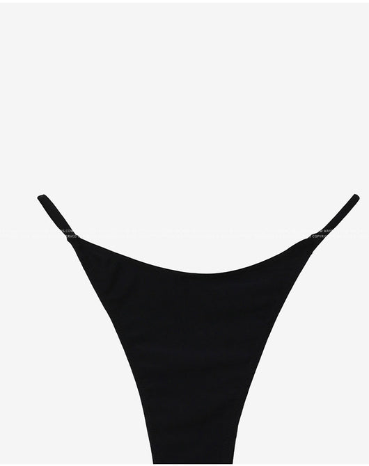 Black pure color bikini with a strapless tie-front bandeau top and matching T-back thong bottoms. - Image 35
